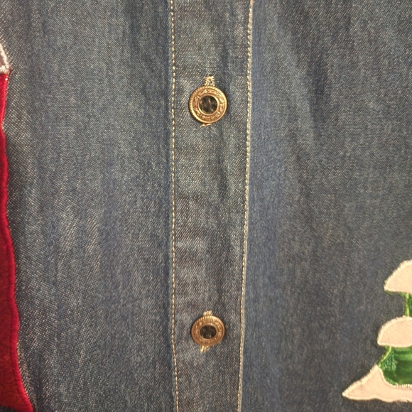 VTG Denim Christmas Shirt Med Embroidery Boho Button up Long Sleeve Cottagecore - Picture 4 of 9